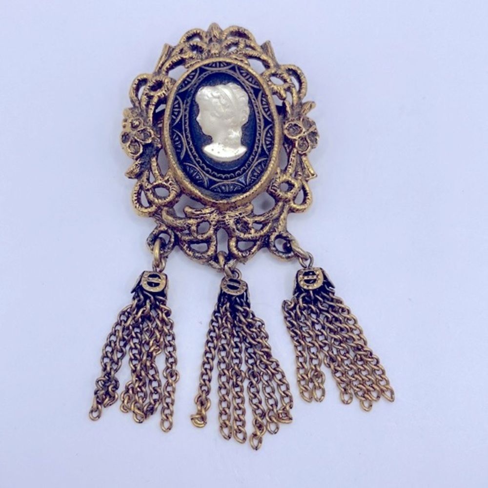 Vintage Victorian Revival Black & White Cameo Brooch with Chain Tassels